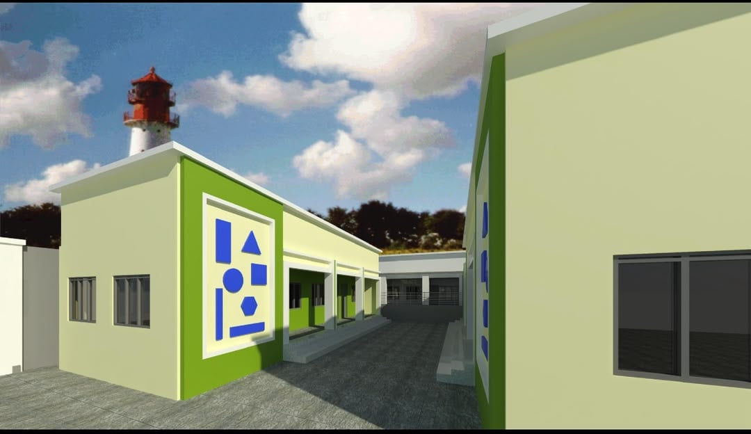 Artist's impression of the planned home: pale green residential and learning blocks with covered verandas around a paved courtyard